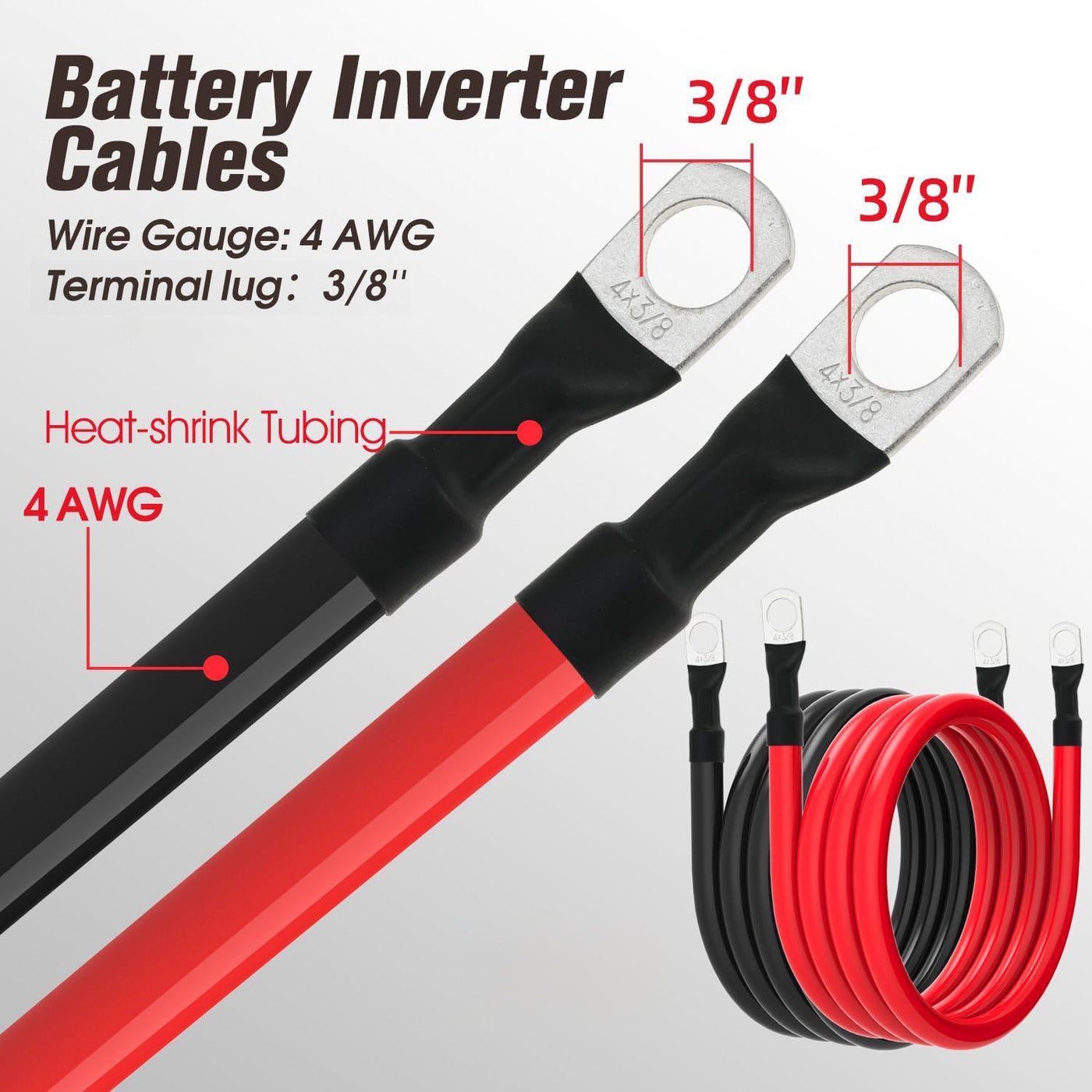 PVC Insulated Pure Copper 4 AWG Battery Cables with 3/8" Lugs - 4FT