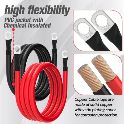 PVC Insulated Pure Copper 4 AWG Battery Cables with 3/8" Lugs - 4FT