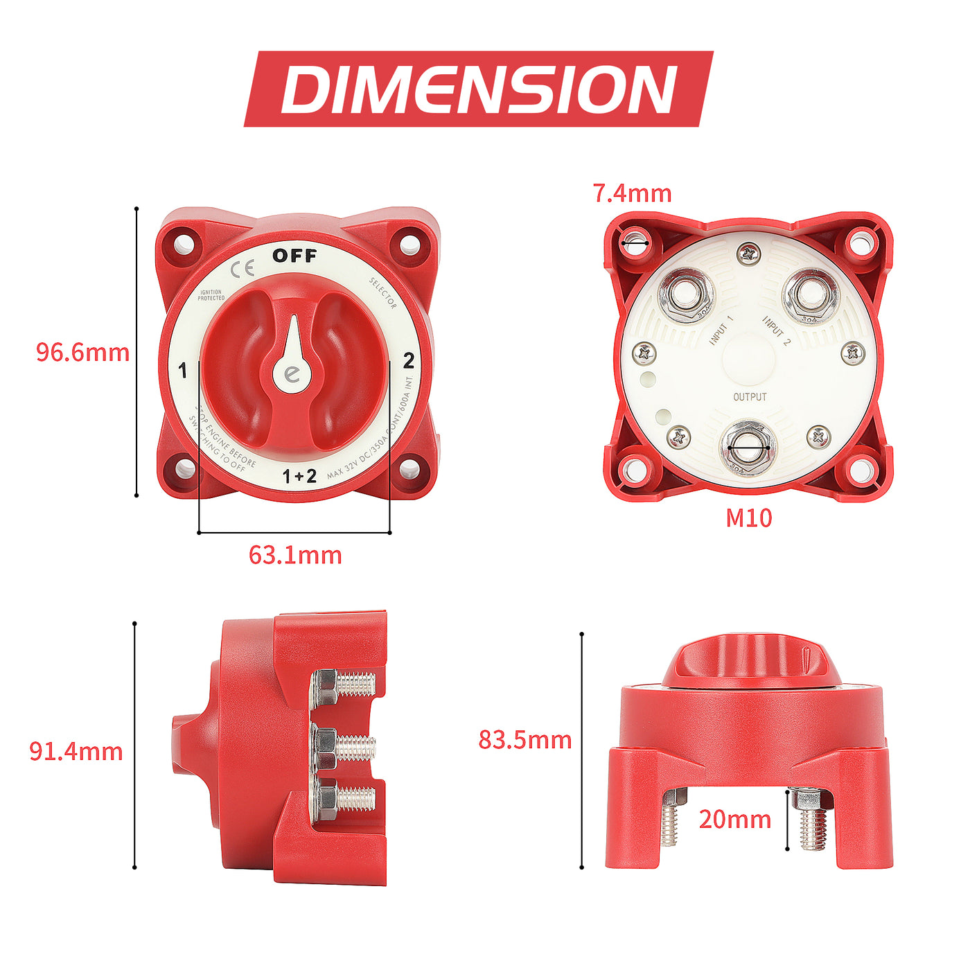 350A 12-32VDC OFF-1-Both-2 4 Position Manual Selector Battery Switch