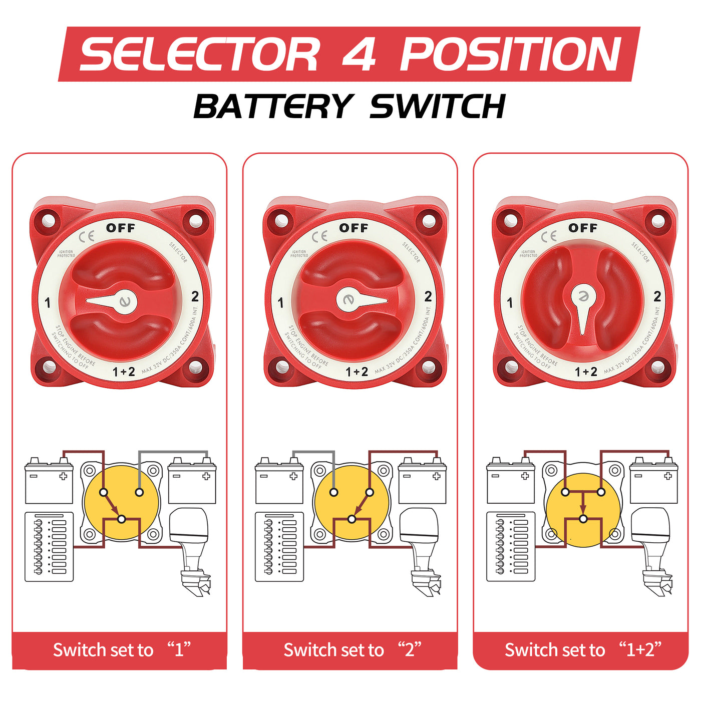 350A 12-32VDC OFF-1-Both-2 4 Position Manual Selector Battery Switch