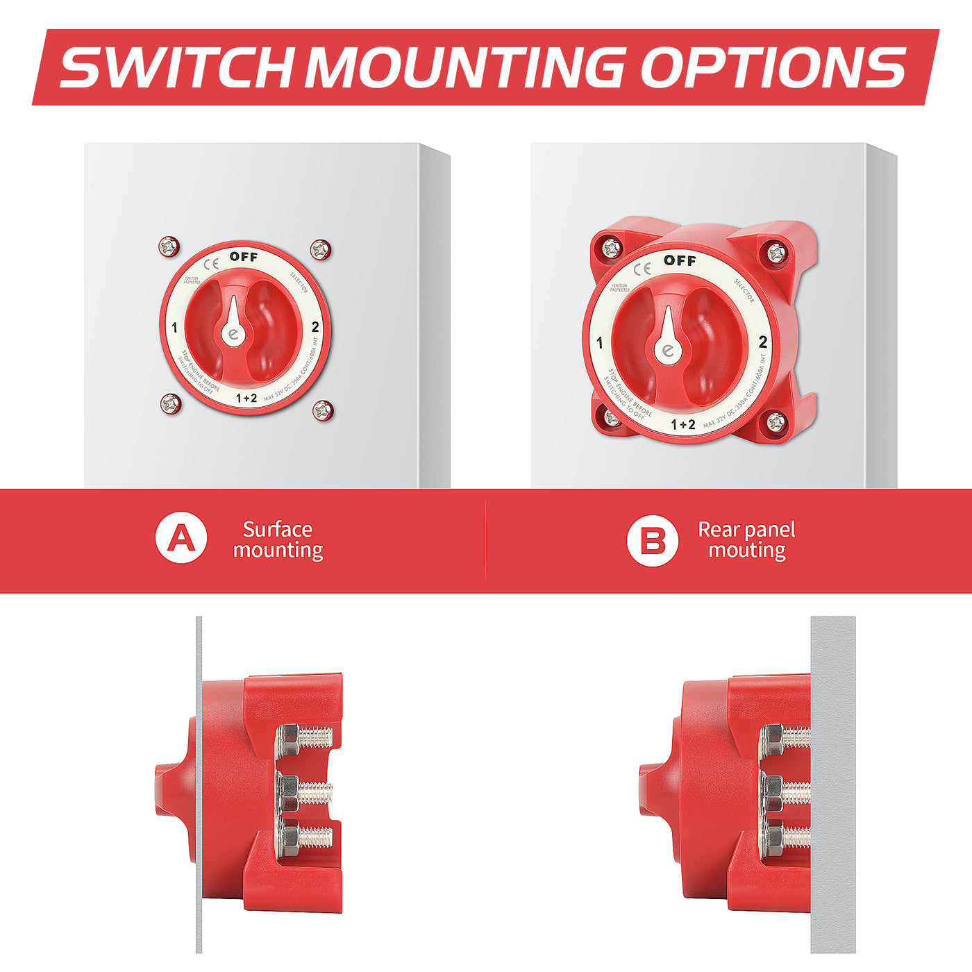 350A 12-32VDC OFF-1-Both-2 4 Position Manual Selector Battery Switch