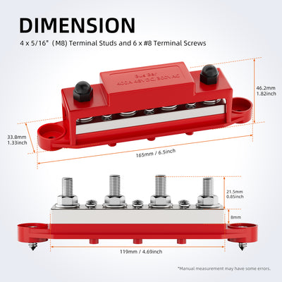 400A Busbar Distribution Block w/ 4x5/16" or 3/8" Studs and 6x#8 Screws