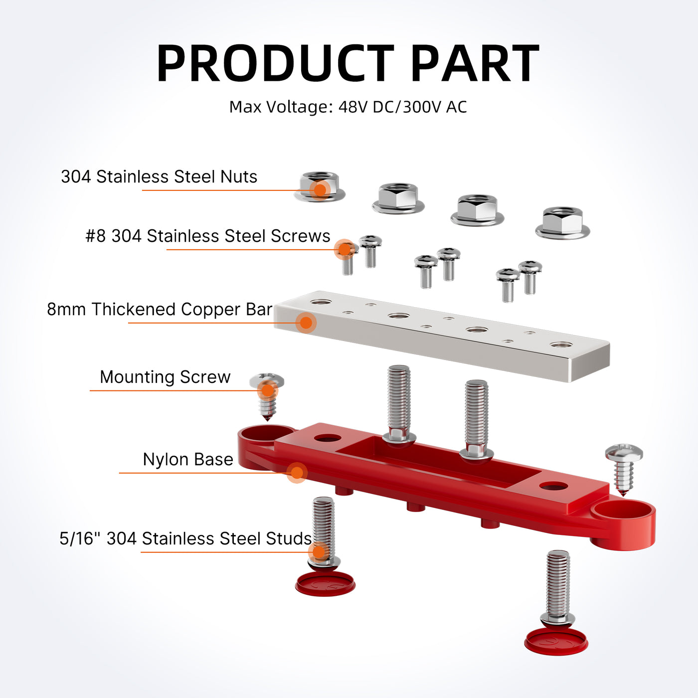 400A Busbar Distribution Block w/ 4x5/16" or 3/8" Studs and 6x#8 Screws