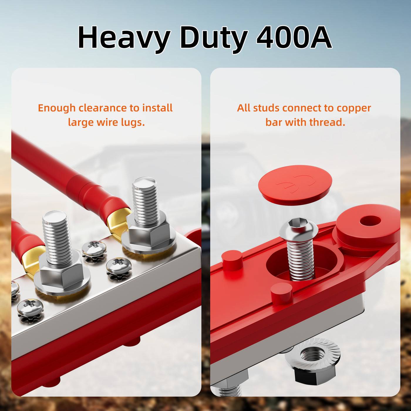 400A Busbar Distribution Block w/ 4x5/16" or 3/8" Studs and 6x#8 Screws