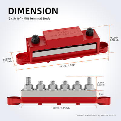 400 Amp Solid Copper Busbar with 6×5/16" (M8) Stud Terminals