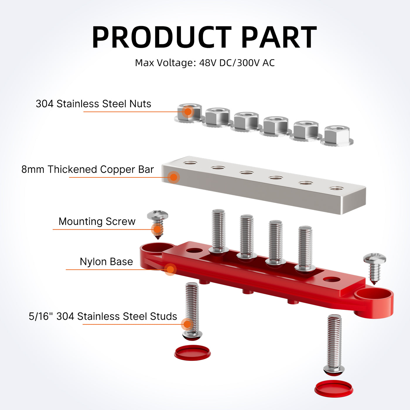 400 Amp Solid Copper Busbar with 6×5/16" (M8) Stud Terminals