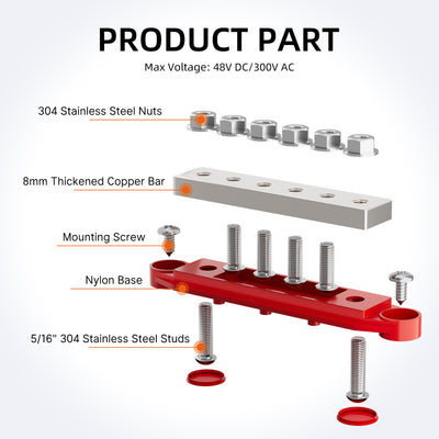 400 Amp Solid Copper Busbar with 6×5/16" (M8) Stud Terminals