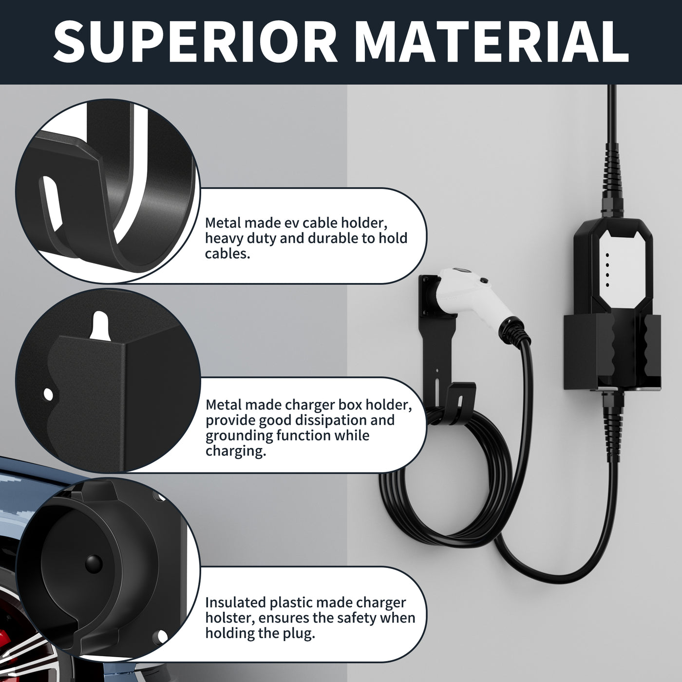 SAE J1772 J-Hook Plug EV Charger Box Holder with Cable Organizer