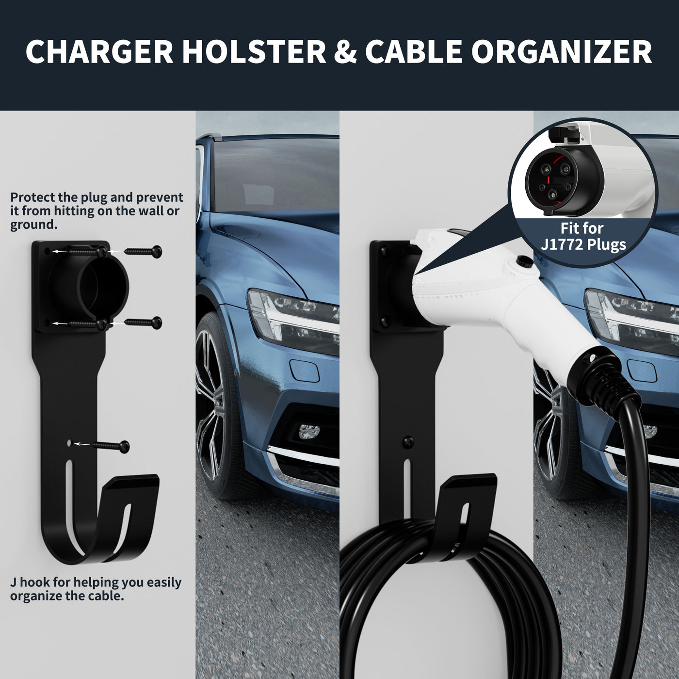 SAE J1772 J-Hook Plug EV Charger Box Holder with Cable Organizer