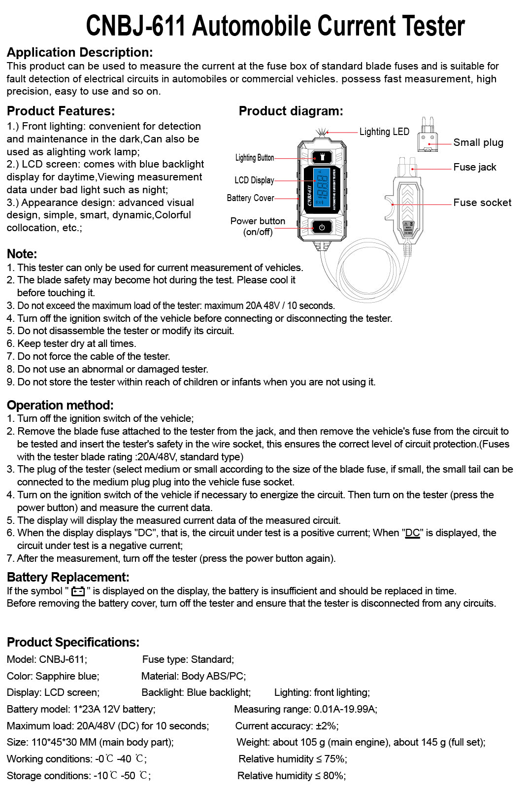 Automotive Fuse Current Tester with LCD Display and Built-in Lighting