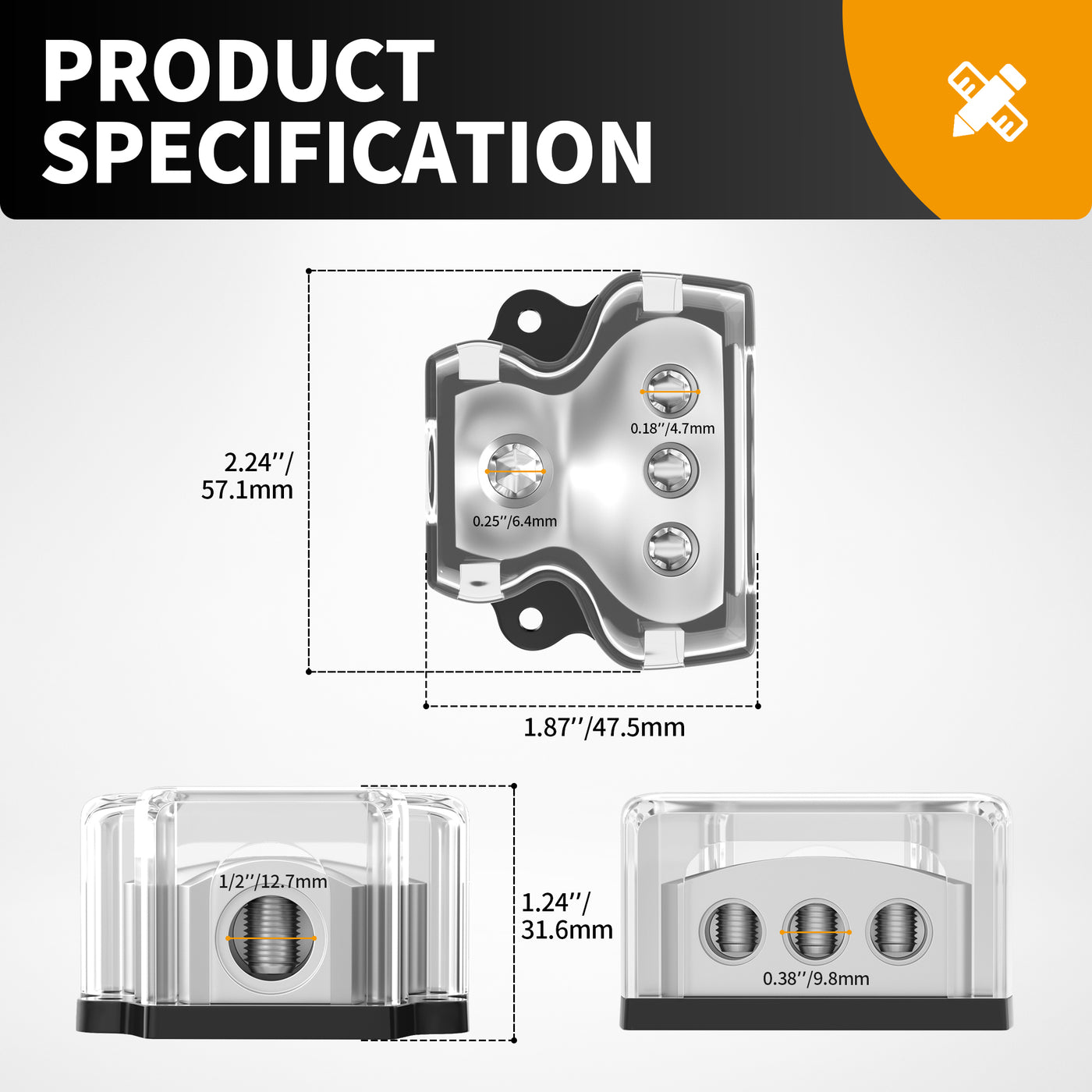 3 Way Power Distribution Block 1 X 0/2/4 Gauge In 3 X 4/8 Gauge Out for Car Audio Amplifier Splitter