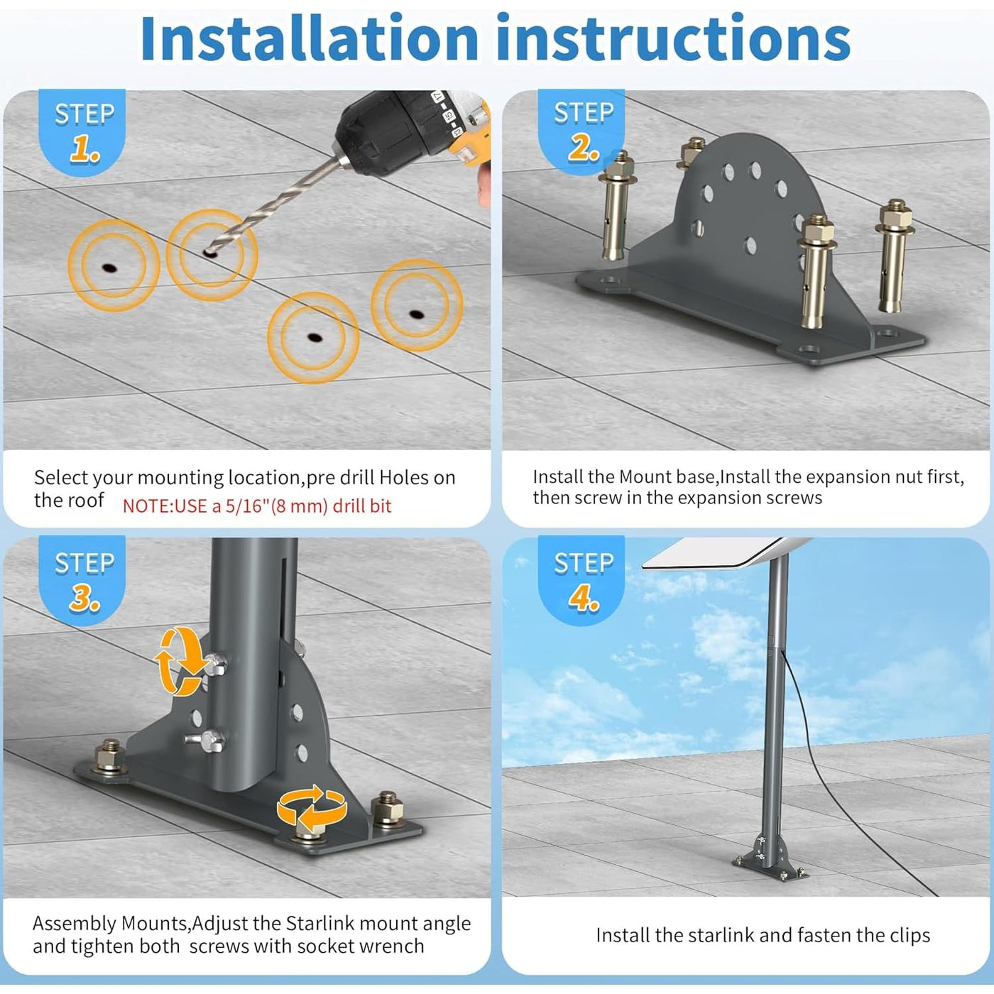 Starlink Gen 3 Roof Mount Kit with Pipe Adapter and Pole Mount Bracket