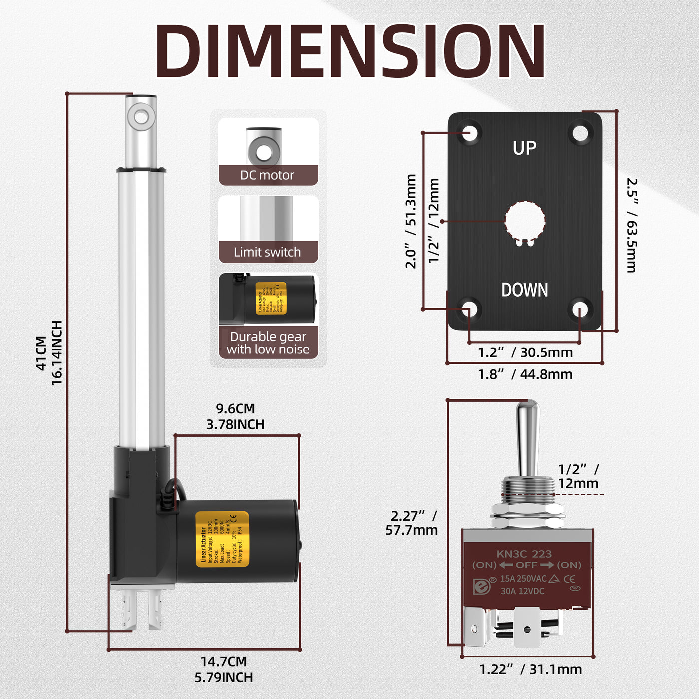 6000N/1320lb 200mm/8" Stroke 4mm/s 12V Linear Actuator with Switch Controller