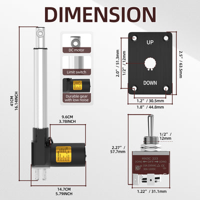 6000N/1320lb 200mm/8" Stroke 4mm/s 12V Linear Actuator with Switch Controller