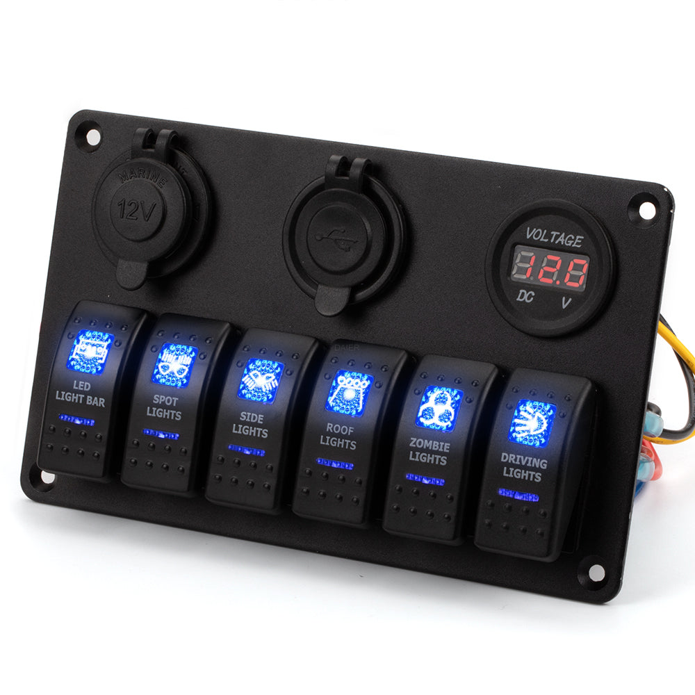 12V 6 Gang Switch Panel with Dual USB Charger Voltmeter – DAIER